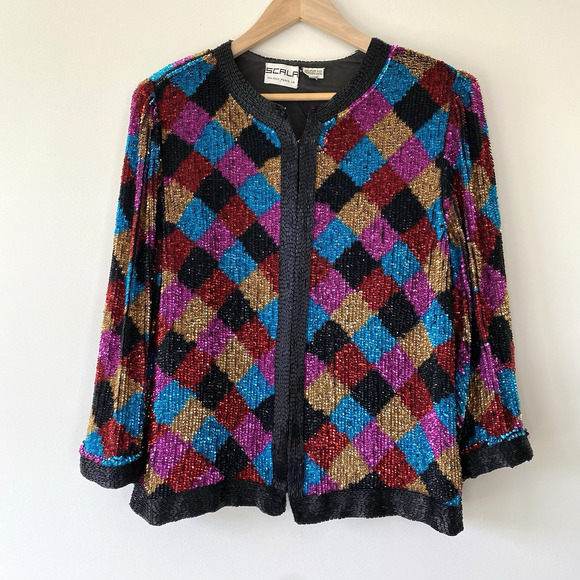VTG SCALA Sequin Beaded Jacket 1980s 1990s Colorful Glam Party Size S - Picture 1 of 11